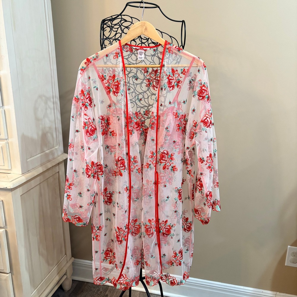 VS Feminine Sheer Floral Kimono Robe & Slip Red Roses Lace Trim Valentine's L